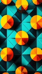 Fototapeta premium Colorful geometric patterns create a vibrant mural design featuring circles and triangles on a teal backdrop. Generative AI