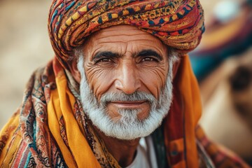 Obraz premium Portrait of an elderly Arabic nomad in a colorful turban against a desert background with a camel nearby