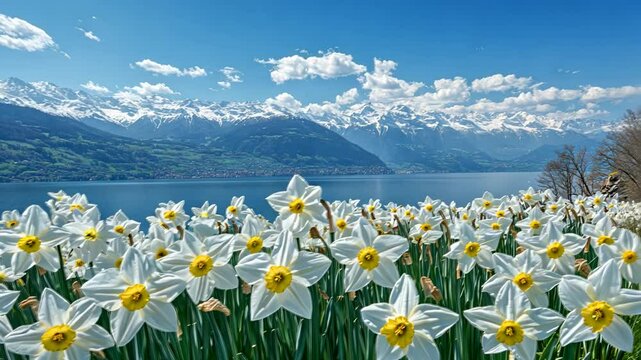 Daffodils Blooming in Front of a Mountain Lake.