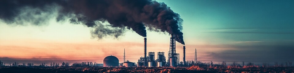 Fototapeta premium A factory with red smoke billowing into the sky, smoke rising from an industrial plant on a water background, a factory in front of the sea, an environmental pollution concept