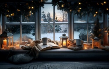 A cozy windowsill with a book, mugs, candles and lanterns against the backdrop of a snowy winter landscape.