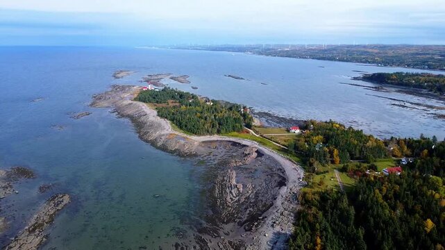 Aerial panoramic view of the St. Lawrence River along the Gaspesian coastline with rock formations and coastal greenery in the Pointe‑Mitis region