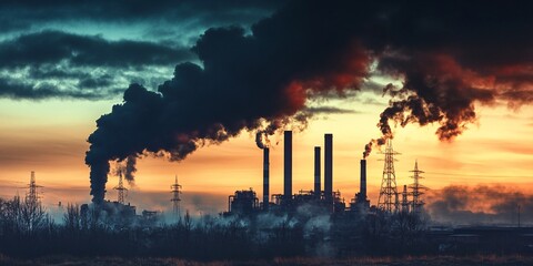 A factory with red smoke billowing into the sky, smoke rising from an industrial plant on a water background, a factory in front of the sea, an environmental pollution concept