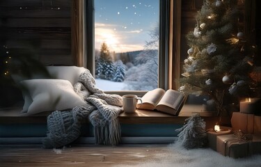 Cozy winter scene with a window overlooking a snowy landscape, a cup of coffee, a book, a blanket, and a Christmas tree.