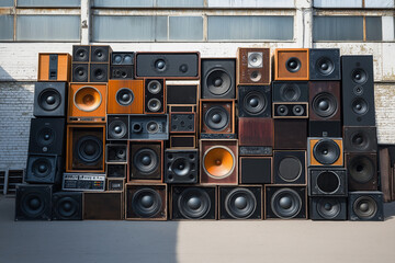 Obraz premium technical equipment, large stack of vintage speakers in different sizes ans styles, warehouse party, outdoor, retro sound system, boxes, loudspeakers, rave, techno, goa, trance, edm, photorealistic