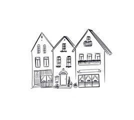 Fantasy French village, beautiful rural style, traditional houses, sketch on white background	
