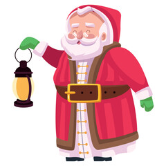 Vector image of a Santa Claus icon shining a lantern on a white background