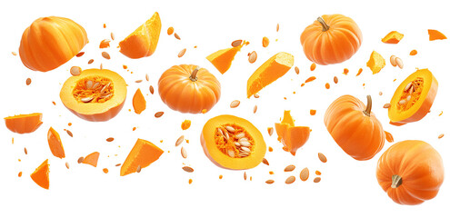 Pumpkin Explosion with Pieces Scattered on Transparent Background

