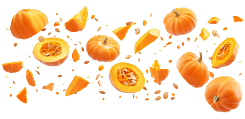 Pumpkin Explosion with Pieces Scattered on Transparent Background
