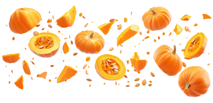 Pumpkin Explosion with Pieces Scattered on Transparent Background
