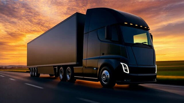 Black Semi-Truck Driving on Road at Sunset.