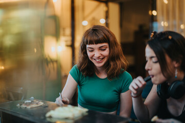 Two smiling women share a joyful moment and meal together in a cozy cafe setting. Warm lighting enhances the friendly atmosphere, capturing the essence of friendship and happiness.