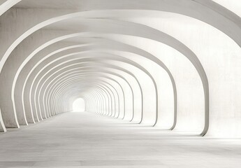 Obraz premium A minimalist architectural corridor with arched structures leading to bright light.