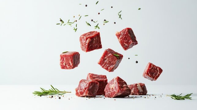 Falling diced beef meet, cubes of raw beef with rosemary on white background 