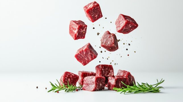 Falling diced beef meet, cubes of raw beef with rosemary on white background 