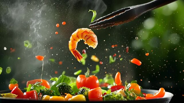 Shrimp and Vegetables Cooking in a Wok.