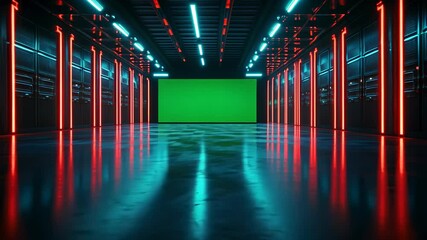 Futuristic Cyberpunk Corridor with Green Screen.