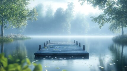 Serene dock extending into a misty lake surrounded by trees.
