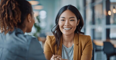 Happy businesswoman shaking hands with executive in office meeting, Asian woman and black manager smiling at table, recruitment, job interview, career opportunity