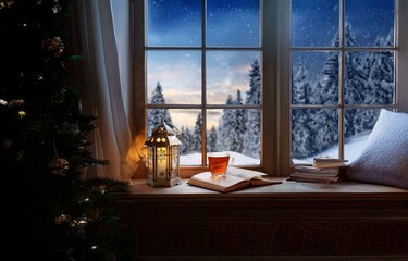 A wintery scene viewed from a windowsill. A lantern glows softly near a book and a cup of tea.