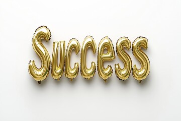 Success Balloons in Gold Foil Isolated on a White Background, Party Balloons, Event Balloons, Advertising Text, English Alphabet Letters, Business, Targets, Achievement