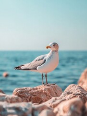 Seagull perched on rocks by sea