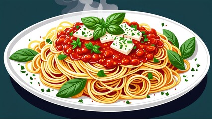 Vibrant Illustration of Spaghetti with Marinara Sauce, Herbs, and Cheese with Rising Steam