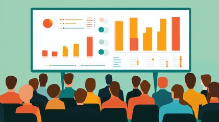 A group of people attend a presentation with a large screen displaying charts and graphs.