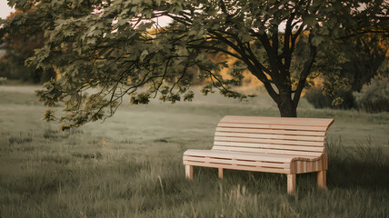 Wooden bench under a tree in a serene grassy field at sunset, ideal for relaxation and enjoying nature.