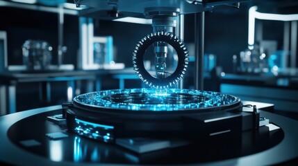 A futuristic laboratory specializing in quantum teleportation experiments, Quantum teleportation style, photo of