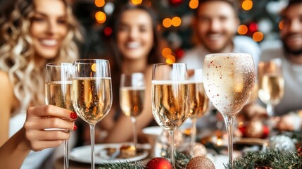 Festive New Year s Eve Celebration with Friends Champagne Toast and Sparkling Lights