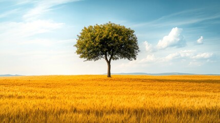 Fototapeta premium Majestic lone tree in a golden wheat field, standing tall amidst the endless landscape, representing solitude and resilience