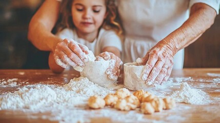 Grandparent and grandchild baking together floury hands family cooking love and care