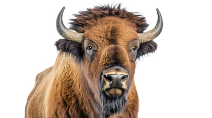 Close-up of a bison's face with horns, transparent background