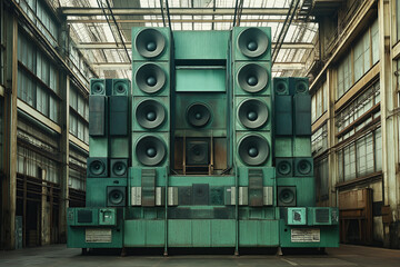 technical equipment, hughe vintage modular sythesizer with many speakers and powerful sound, industrial brutalist style, sound system, green boxes, loudspeakers, photorealistic