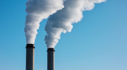 Close-up of two large smokestacks emitting thick white clouds against the blue sky, representing industrial air pollution.