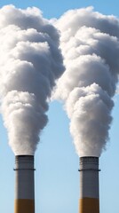 Close-up of two large smokestacks emitting thick white clouds against the blue sky, representing industrial air pollution.