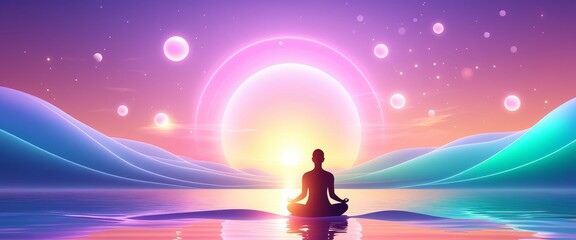 Meditative Banner with Glowing Orbs and Peaceful Waves
