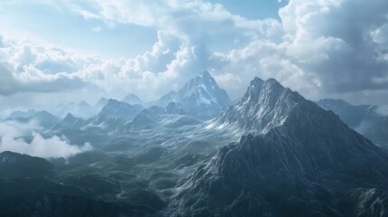 Serene mountain landscape with dramatic clouds and snow-capped peaks.