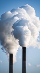Close-up of two large smokestacks emitting thick white clouds against the blue sky, representing industrial air pollution.