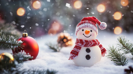 雪の中に立つ可愛い雪だるまとクリスマスオーナメントのイメージ