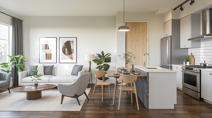 Modern living room and kitchen in a stylish apartment, featuring a gray sofa, wooden dining table, plants, and contemporary decor, showcasing an open and inviting layout.