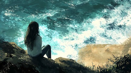 Obraz premium Digital painting illustrating a girl looking at the sea, evoking emotions and connection with nature.
