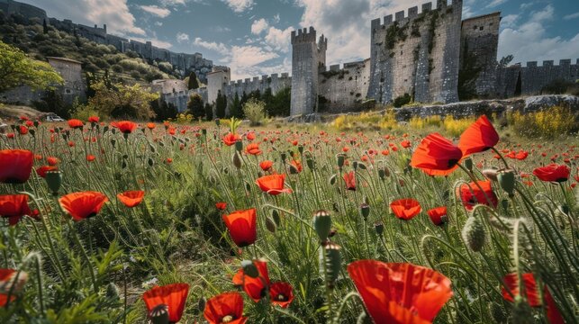 tulips planted under the stone castle