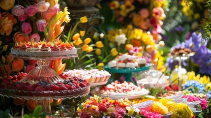 A beautiful floral centerpiece made from vibrant, fresh flowers, arranged elegantly in a delicate basket. Perfect for adding a touch of charm and color to any party or celebration.