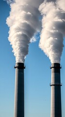 Close-up of two large smokestacks emitting thick white clouds against the blue sky, representing industrial air pollution.