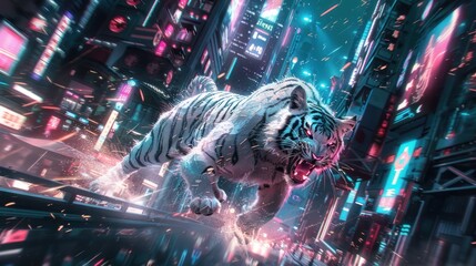 a white tiger robot that is rampaging through the city at night