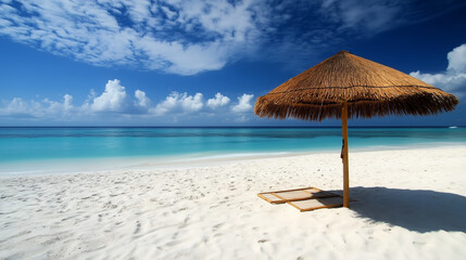 umbrellas and beach chairs with the beauty of the blue sea water