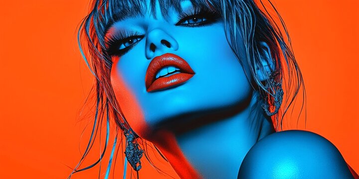 Vogue-style photograph of a model with blue makeup and orange lips, against an orange background, 