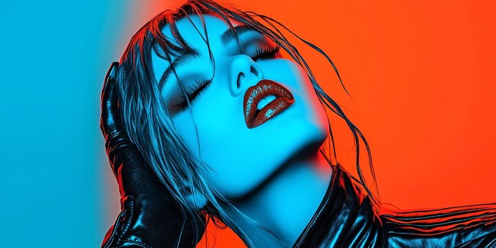 Vogue-style photograph of a model with blue makeup and orange lips, against an orange background, 